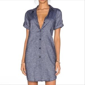Theory Linen Chambray Button Front Shirt Dress With Pockets